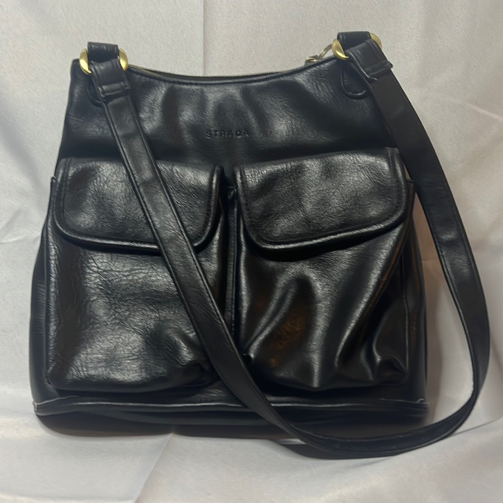 Strada Women’s Purse, Black Leather, Zip and Snap pockets, Cute Look! Excellent!